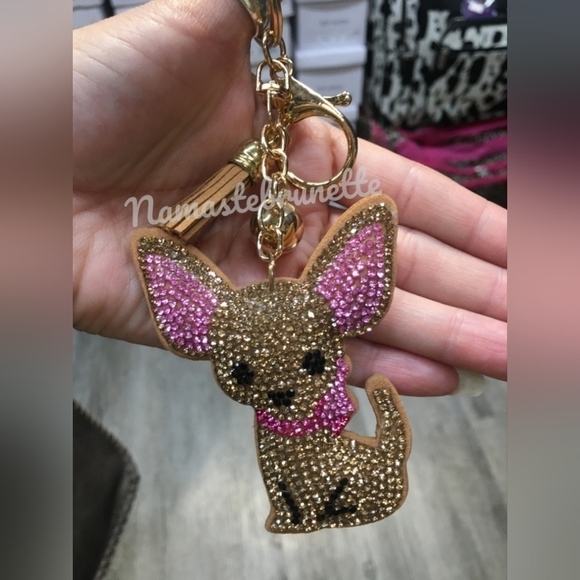 Chihuahua Dog Crystal Rhinestone Keychain Bag Charm With Tan Tassel - Picture 10 of 17